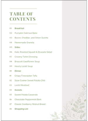 Holiday Recipe Book Table of Contents